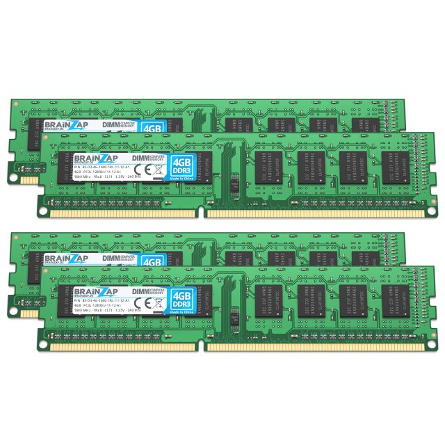 BRAINZAP 16GB DDR3 RAM DIMM PC3L-12800U-11-12-A1 1Rx8 1600 MHz 1.35V CL11 Computer PC Arbeitsspeicher (4x 4GB)