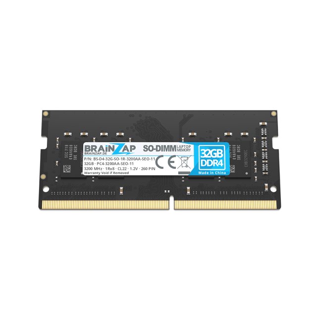 BRAINZAP 32GB DDR4 RAM SO-DIMM PC4-3200AA-SEO-11 1Rx8 3200 MHz 1.2V CL22 Notebook Laptop Arbeitsspeicher Unbuffered Non-ECC
