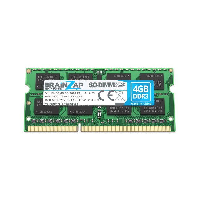 BRAINZAP 4GB DDR3 RAM SO-DIMM PC3L-12800S-11-12-F3 2Rx8 1600 MHz 1.35V CL11 Notebook Laptop Arbeitsspeicher