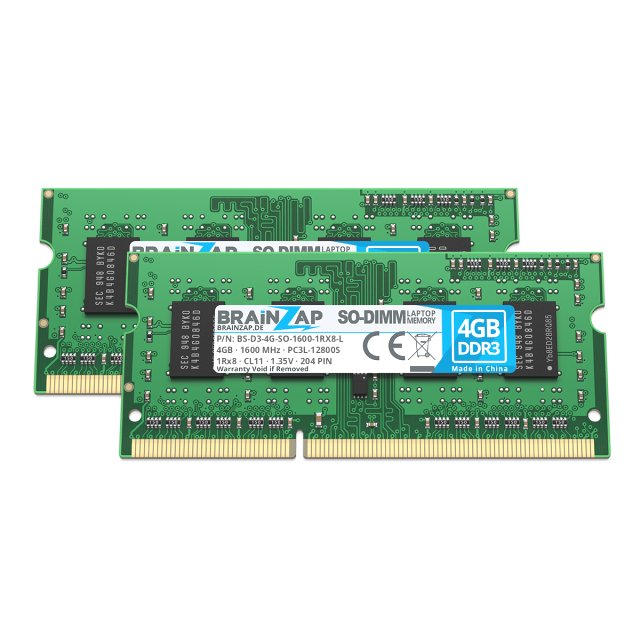 BRAINZAP 8GB DDR3 RAM SO-DIMM PC3L-12800S 1Rx8 1600 MHz 1.35V CL11 Notebook Laptop Arbeitsspeicher (2x 4GB)