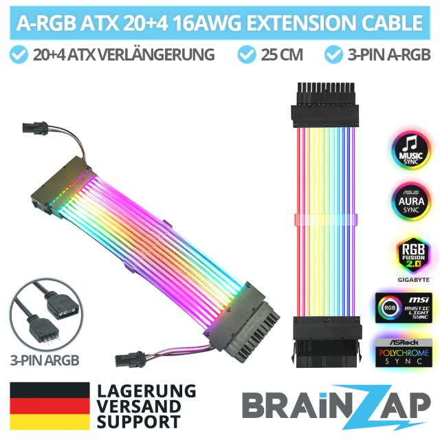 BRAINZAP A-RGB Extension Cable Kabel 20+4 / 24 PIN ATX Verlängerung Verlängerungskabel 16AWG 25 cm Aura Asus Asrock MSI Gigabyte