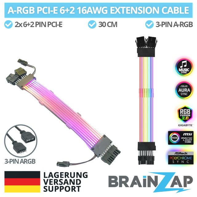 BRAINZAP A-RGB Extension Cable Kabel 6+2 / 8 PIN PCI-E PCI-Express Verlängerung Verlängerungskabel 16AWG 25 cm Aura Asus Asrock MSI Gigabyte