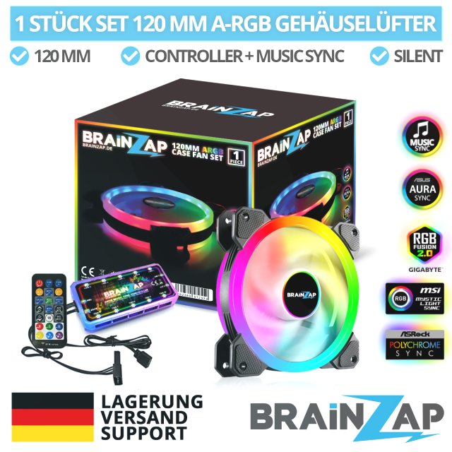 BRAINZAP 1x 120mm LED A-RGB Case Fan SET Gehäuse Lüfter Aura Asus Asrock MSI Gigabyte Music-Sync Coolmoon