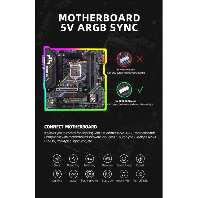 BRAINZAP 1x 120mm LED A-RGB Case Fan SET Gehäuse Lüfter Aura Asus Asrock MSI Gigabyte Music-Sync Coolmoon