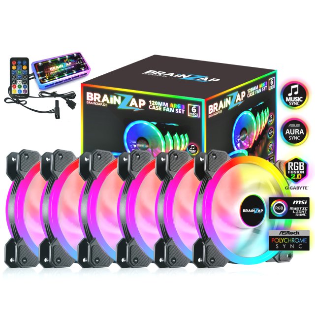 BRAINZAP 6x 120mm LED A-RGB Case Fan SET Gehäuse Lüfter Aura Asus Asrock MSI Gigabyte Music-Sync Coolmoon
