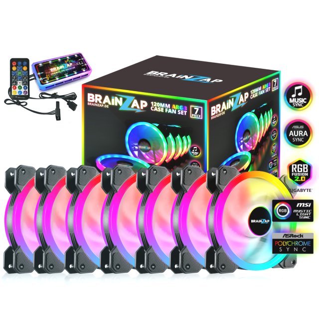 BRAINZAP 7x 120mm LED A-RGB Case Fan SET Gehäuse Lüfter Aura Asus Asrock MSI Gigabyte Music-Sync Coolmoon