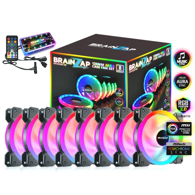 BRAINZAP 8x 120mm LED A-RGB Case Fan SET Gehäuse Lüfter Aura Asus Asrock MSI Gigabyte Music-Sync Coolmoon