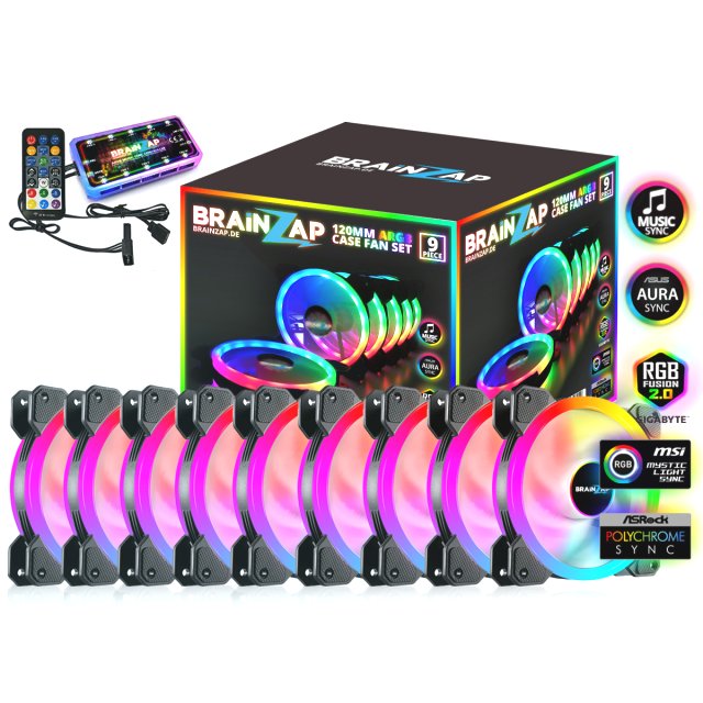 BRAINZAP 9x 120mm LED A-RGB Case Fan SET Gehäuse Lüfter Aura Asus Asrock MSI Gigabyte Music-Sync Coolmoon