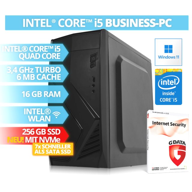 BRAINZAP Intel Core i5 Quad-Core Office / Business PC, 16 GB RAM, 256 GB NVMe SSD, WLAN, BT Bluetooth Windows 11